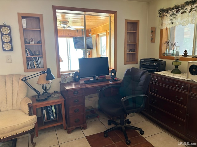 tiled home office with ceiling fan