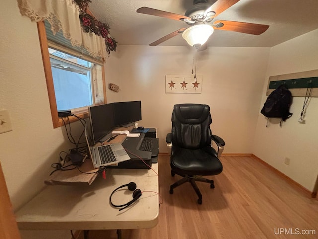 office area with ceiling fan and light hardwood / wood-style flooring