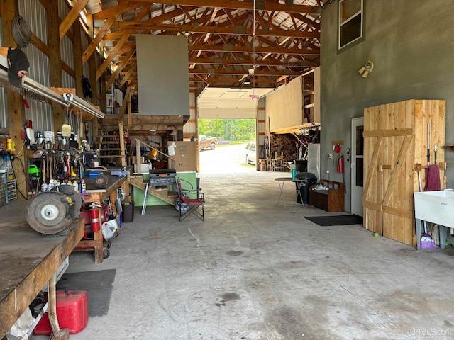 garage with a workshop area