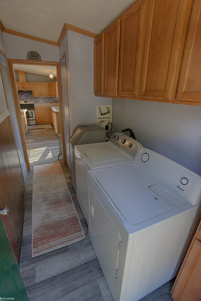 laundry area with light hardwood / wood-style floors, crown molding, washer and clothes dryer, and cabinets