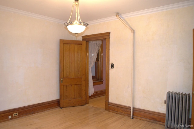 spare room with ornamental molding, radiator heating unit, light wood-style floors, and baseboards