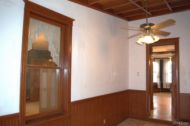 spare room featuring a ceiling fan, a wainscoted wall, wood ceiling, wood walls, and beam ceiling