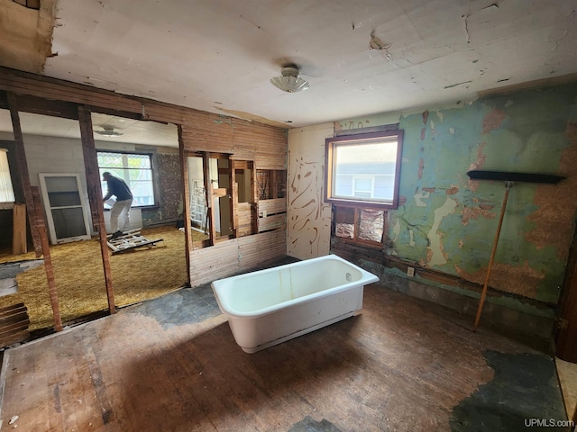 interior space with ceiling fan and a bathtub