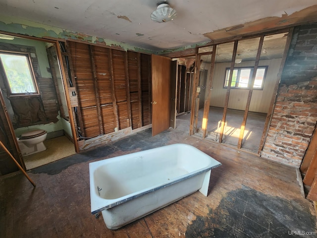 bathroom with toilet and a tub to relax in