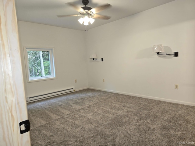 unfurnished room with carpet, a baseboard radiator, a ceiling fan, and baseboards