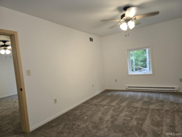 empty room with carpet floors, baseboards, ceiling fan, and baseboard heating