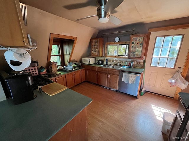 kitchen with ceiling fan, light hardwood / wood-style flooring, a wealth of natural light, and stainless steel dishwasher