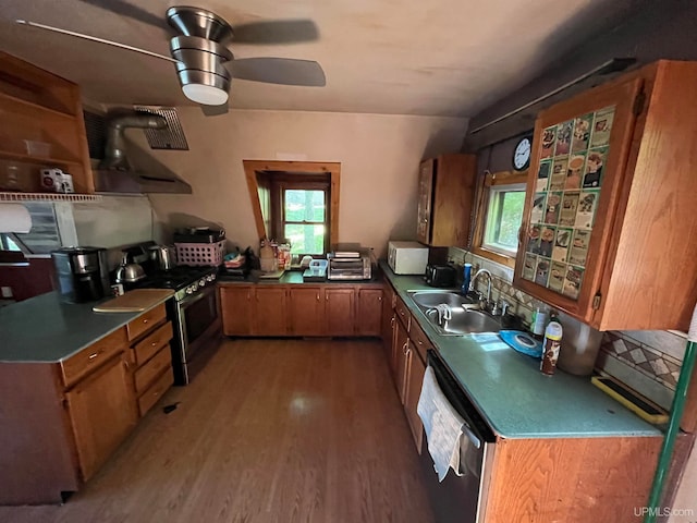 kitchen featuring appliances with stainless steel finishes, sink, ceiling fan, and a wealth of natural light