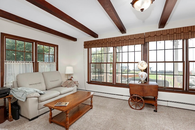 living room featuring beamed ceiling and light colored carpet