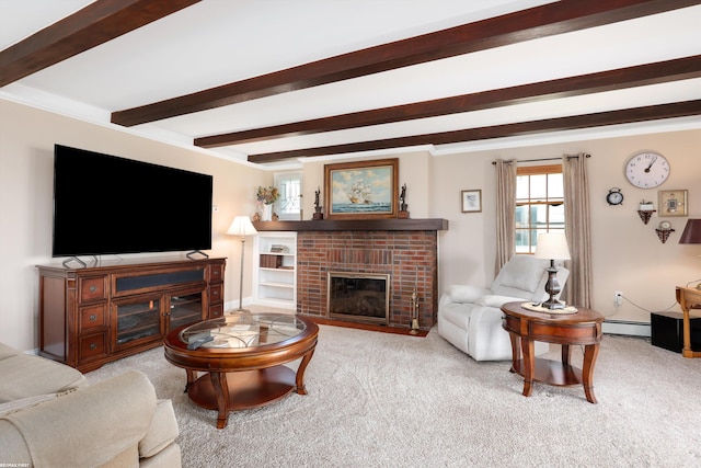 living area featuring baseboard heating, beamed ceiling, a brick fireplace, and light colored carpet