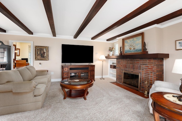 living area featuring a fireplace, light colored carpet, beam ceiling, and baseboards