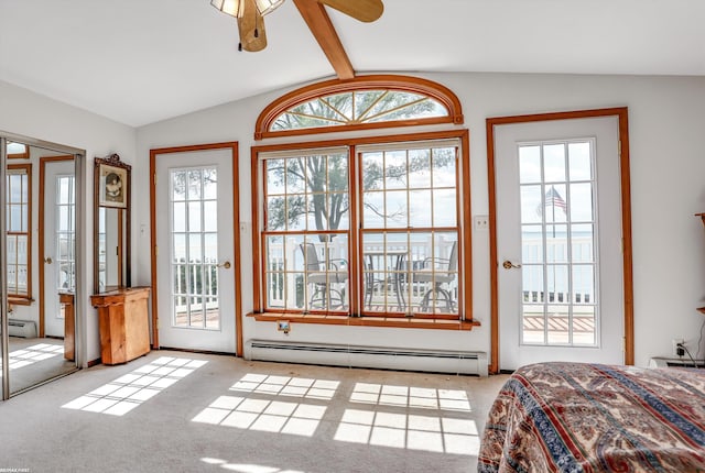 doorway featuring lofted ceiling with beams, light carpet, and a baseboard heating unit