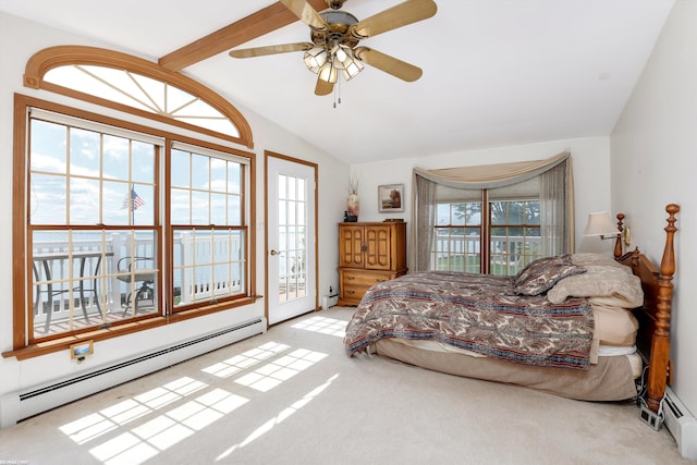 bedroom with lofted ceiling, baseboard heating, light colored carpet, and access to exterior