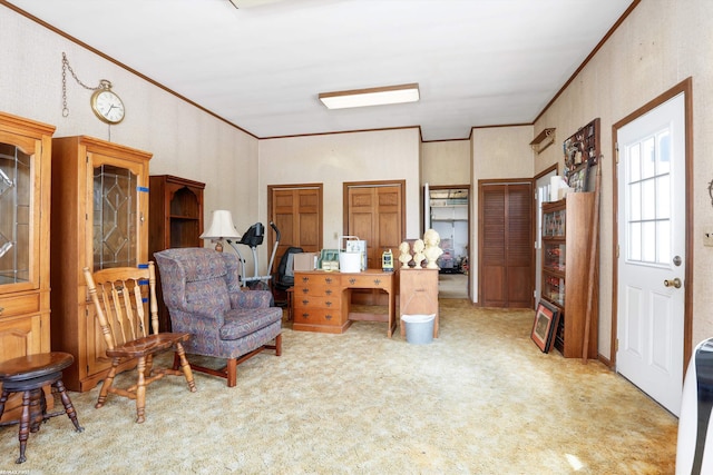 home office with light carpet and crown molding