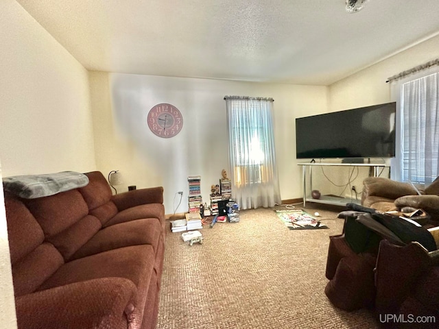 living room with a textured ceiling and carpet floors