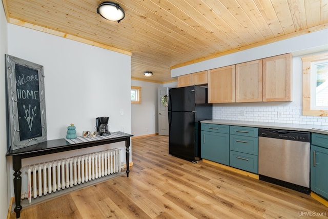 kitchen featuring tasteful backsplash, light hardwood / wood-style flooring, light brown cabinetry, radiator, and stainless steel dishwasher