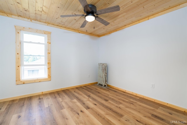 empty room featuring wood ceiling, light hardwood / wood-style flooring, and ceiling fan