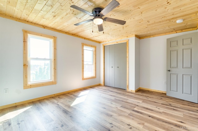 spare room with wood ceiling, ceiling fan, and light hardwood / wood-style flooring