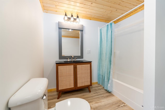 full bathroom with vanity, wood ceiling, toilet, hardwood / wood-style flooring, and shower / bathtub combination with curtain