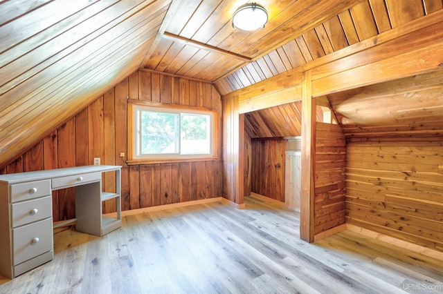 additional living space with wooden walls, wooden ceiling, and light hardwood / wood-style flooring