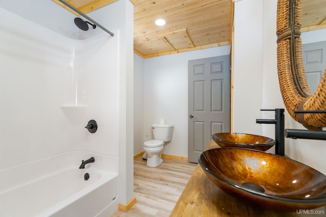 full bathroom featuring toilet, vanity, wood-type flooring, shower / washtub combination, and wooden ceiling