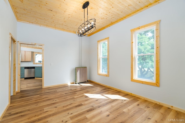 unfurnished room featuring wood ceiling, ornamental molding, light hardwood / wood-style flooring, an inviting chandelier, and radiator