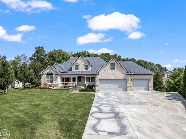 view of front of house with covered porch, a garage, and a front yard