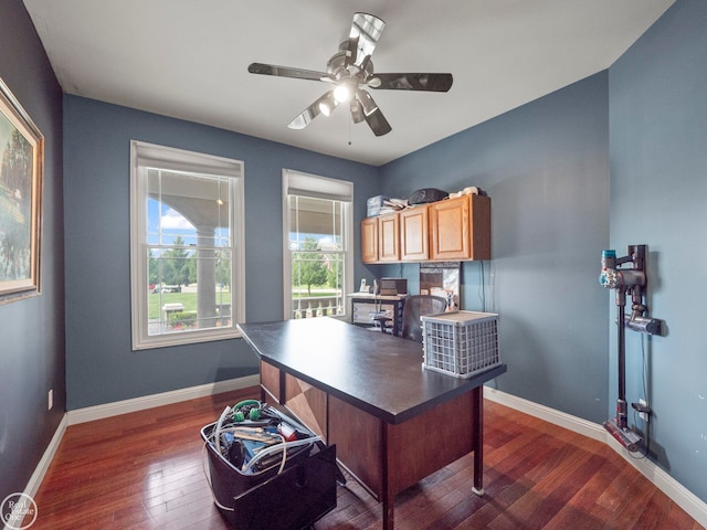 office featuring ceiling fan and dark wood-type flooring