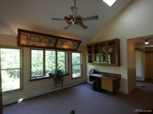 interior space featuring a baseboard radiator, dark carpet, and plenty of natural light