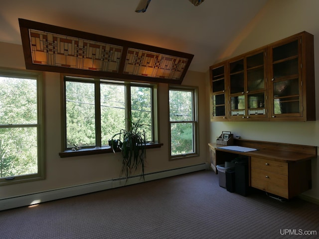 unfurnished office with lofted ceiling, carpet, and a baseboard radiator