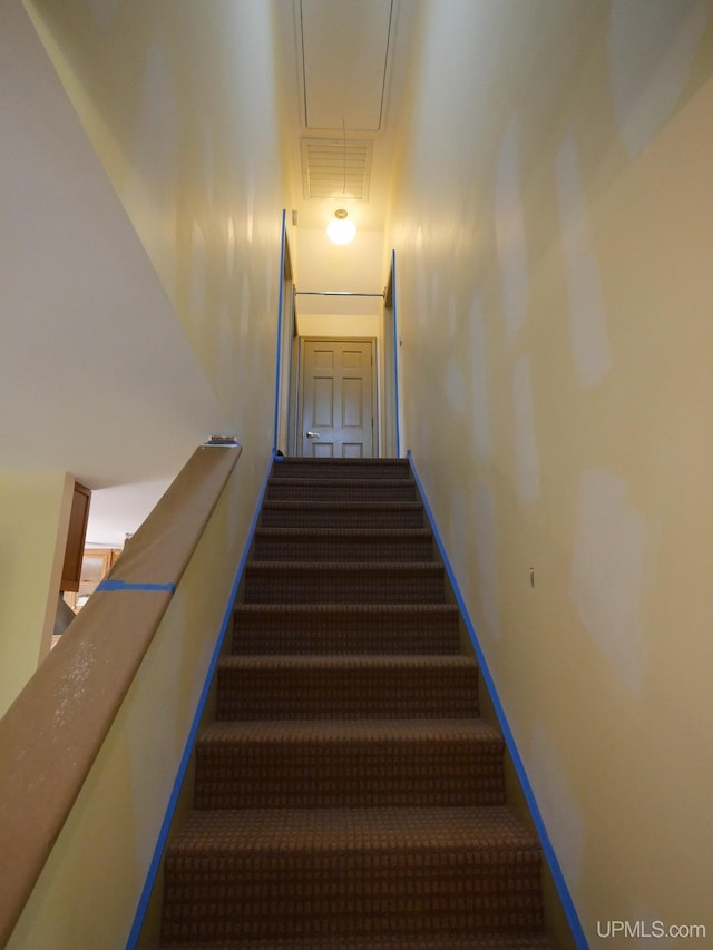 staircase featuring carpet