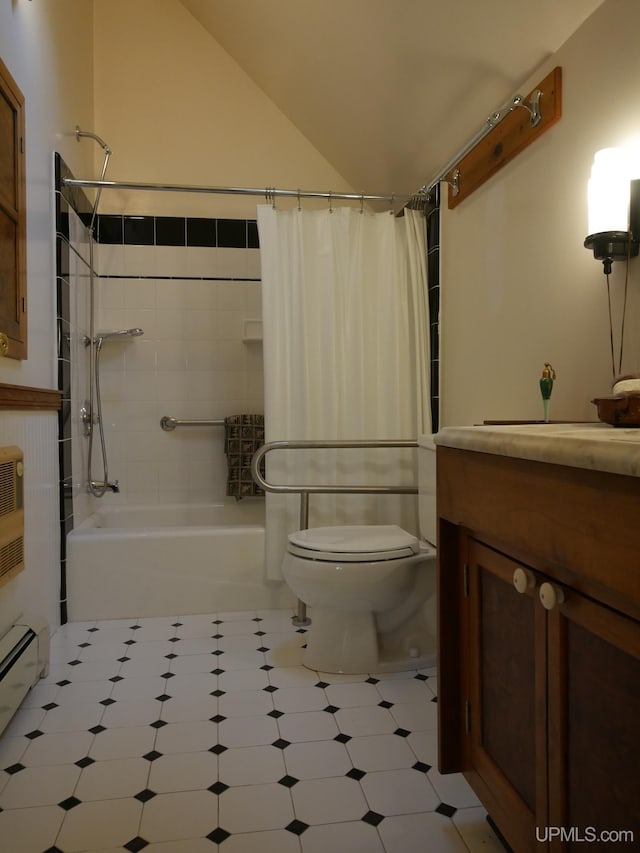 full bathroom featuring a baseboard radiator, tile patterned floors, vanity, shower / bath combo, and toilet