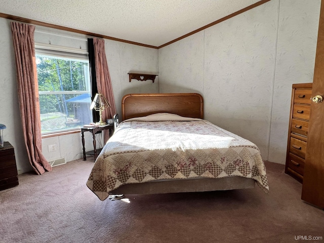 carpeted bedroom with a textured ceiling, ornamental molding, lofted ceiling, and visible vents