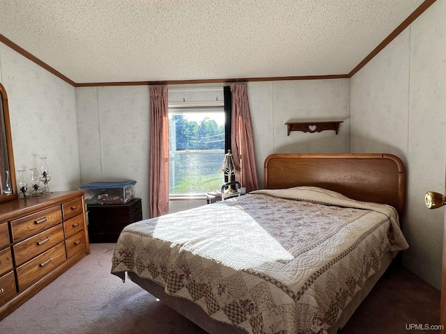 bedroom featuring carpet, a textured ceiling, vaulted ceiling, and crown molding