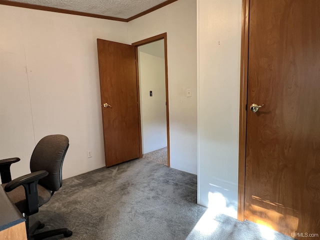 office area featuring a textured ceiling, ornamental molding, and carpet flooring