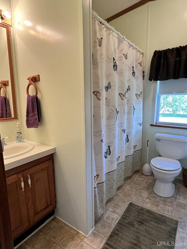 bathroom with toilet, a shower with curtain, and vanity