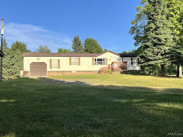 exterior space featuring a front yard, crawl space, and a deck