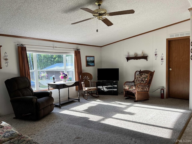 living room featuring vaulted ceiling, carpet floors, ornamental molding, and visible vents