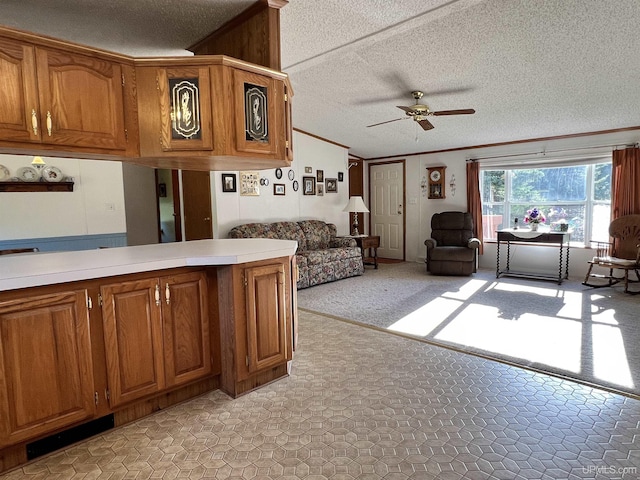 kitchen with open floor plan, crown molding, a textured ceiling, and brown cabinets
