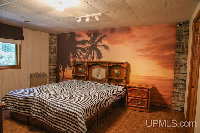 bedroom with a drop ceiling, carpet flooring, and rail lighting