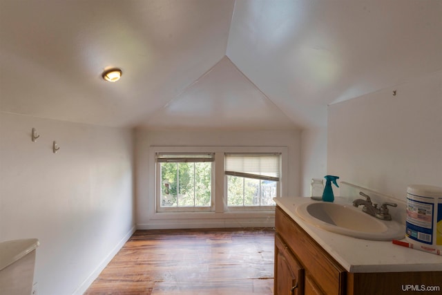 bathroom featuring lofted ceiling, hardwood / wood-style flooring, and vanity