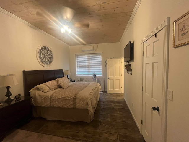 bedroom featuring wood ceiling, ornamental molding, lofted ceiling, and a wall unit AC