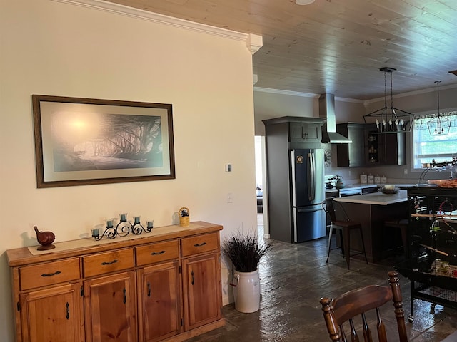 interior space with wood ceiling, wall chimney range hood, stainless steel appliances, decorative light fixtures, and crown molding