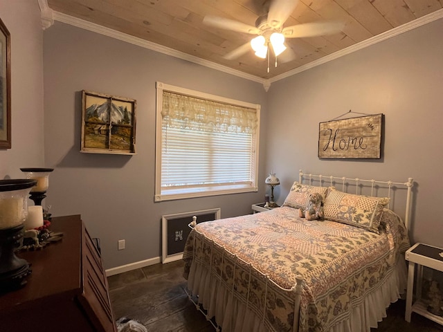 bedroom featuring ceiling fan, wood ceiling, and crown molding