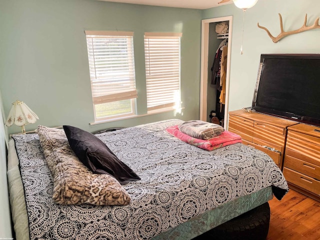 bedroom with hardwood / wood-style floors and a closet