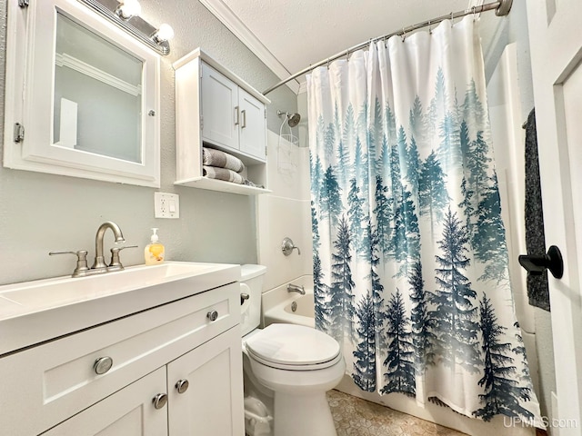 full bathroom with toilet, tile patterned floors, vanity, a textured ceiling, and shower / bath combo