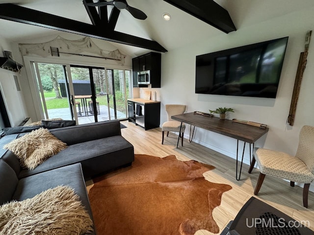 living room with vaulted ceiling with beams, light wood-style flooring, ceiling fan, and recessed lighting