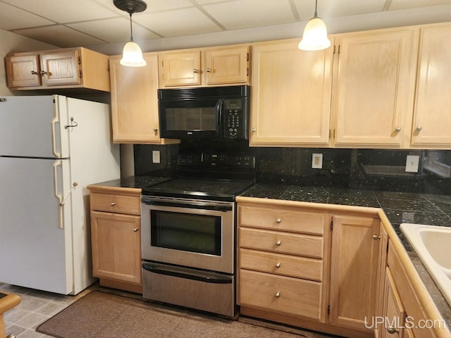 kitchen with stainless steel range with electric cooktop, light tile patterned floors, light brown cabinetry, decorative backsplash, and white refrigerator