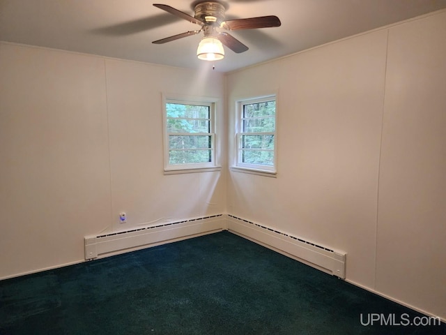 spare room featuring baseboard heating, ceiling fan, and carpet floors