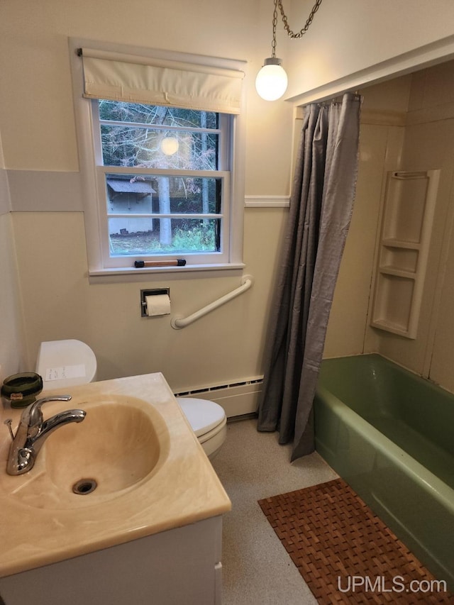 full bathroom with shower / bath combo, a baseboard heating unit, toilet, and vanity